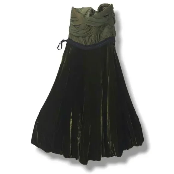 Vera Wang Strapless Ruched Silk Bodice Velvet Bubble Hem Dress Olive Green  2 NWT